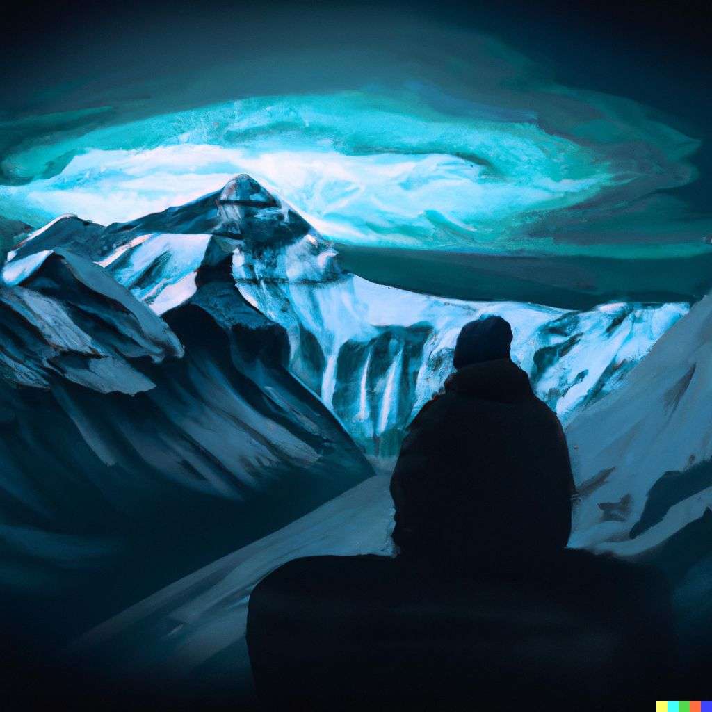 someone gazing at Mount Everest, digital art, glowing